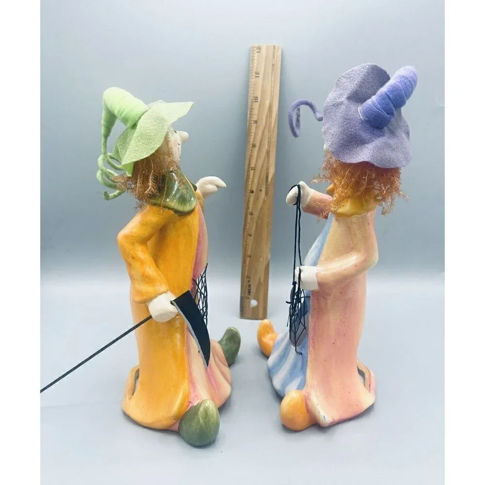 Pair Of Witches Candle Holders Spiderweb Whimsical Pink Purple Green Tea light